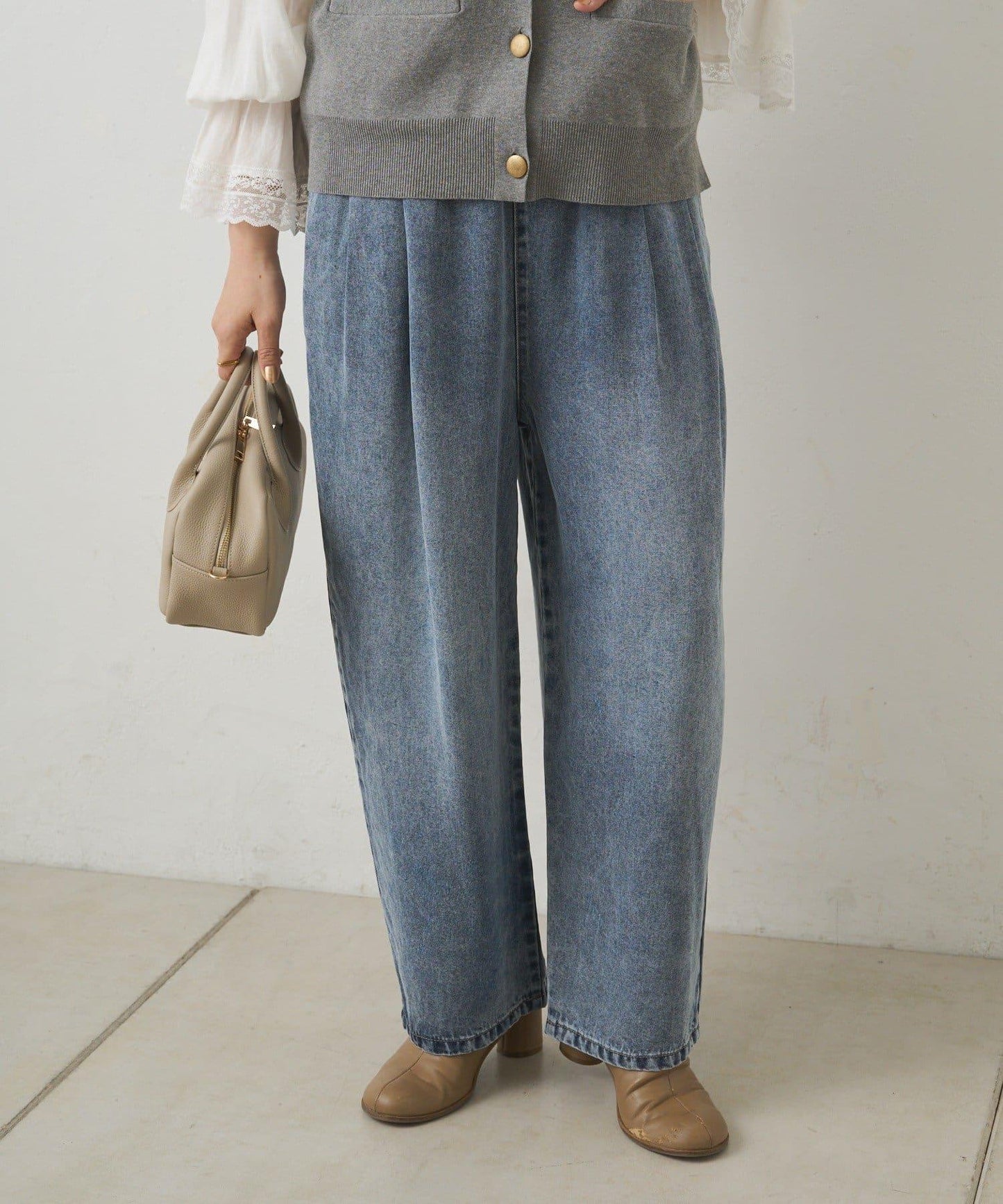 天絲混紡牛仔雙褶休閒褲