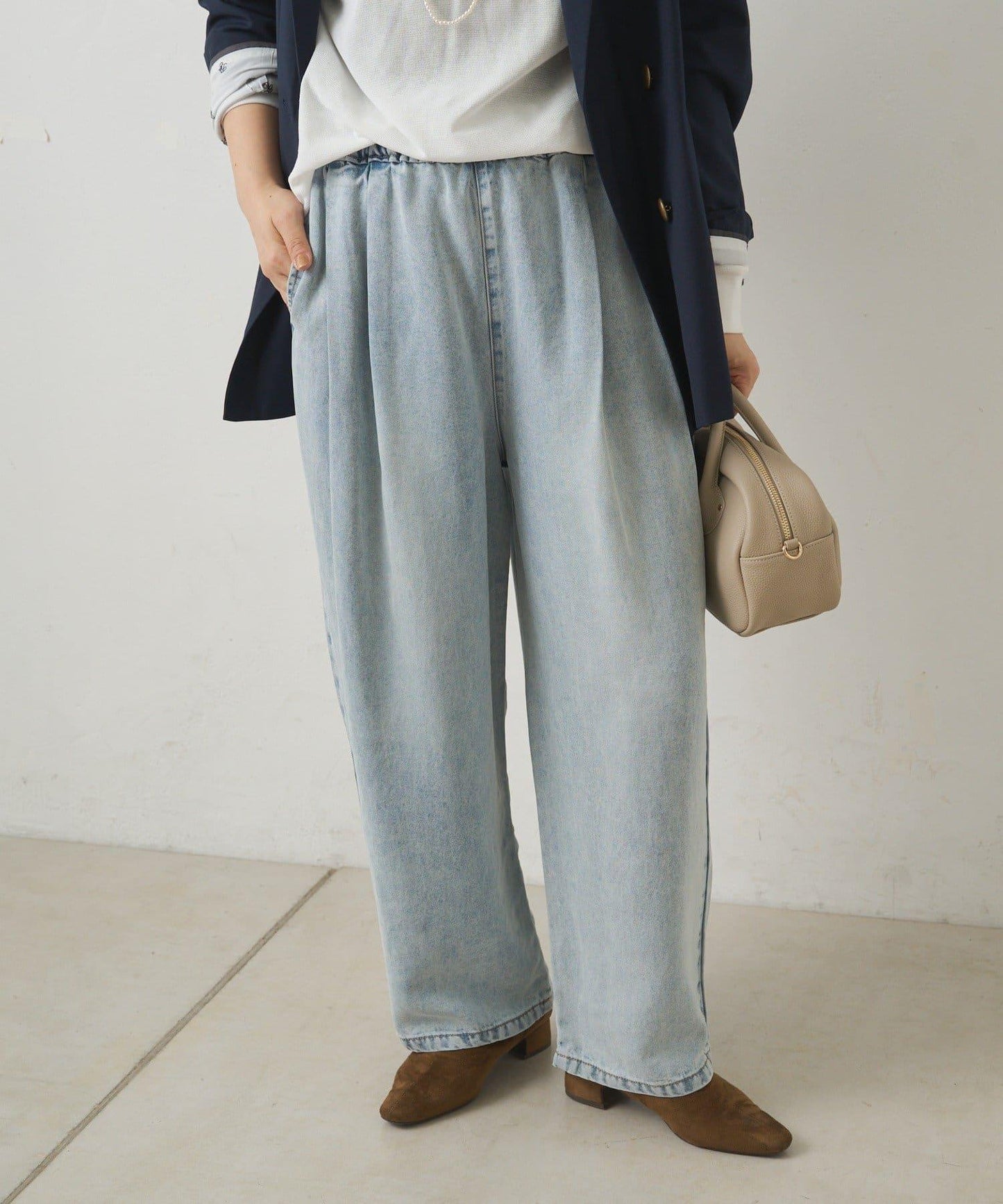 天絲混紡牛仔雙褶休閒褲