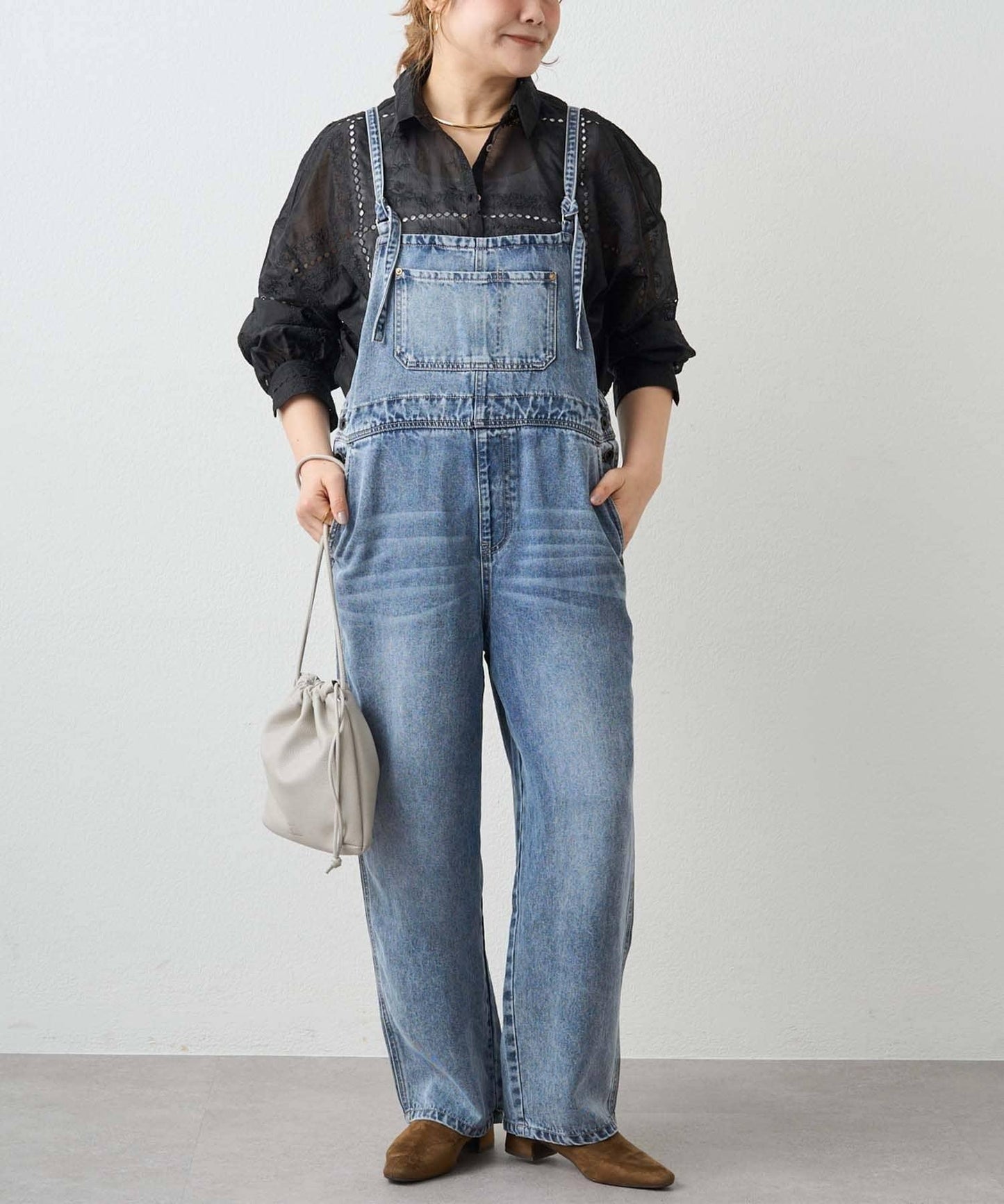 天絲混紡牛仔揹帶褲