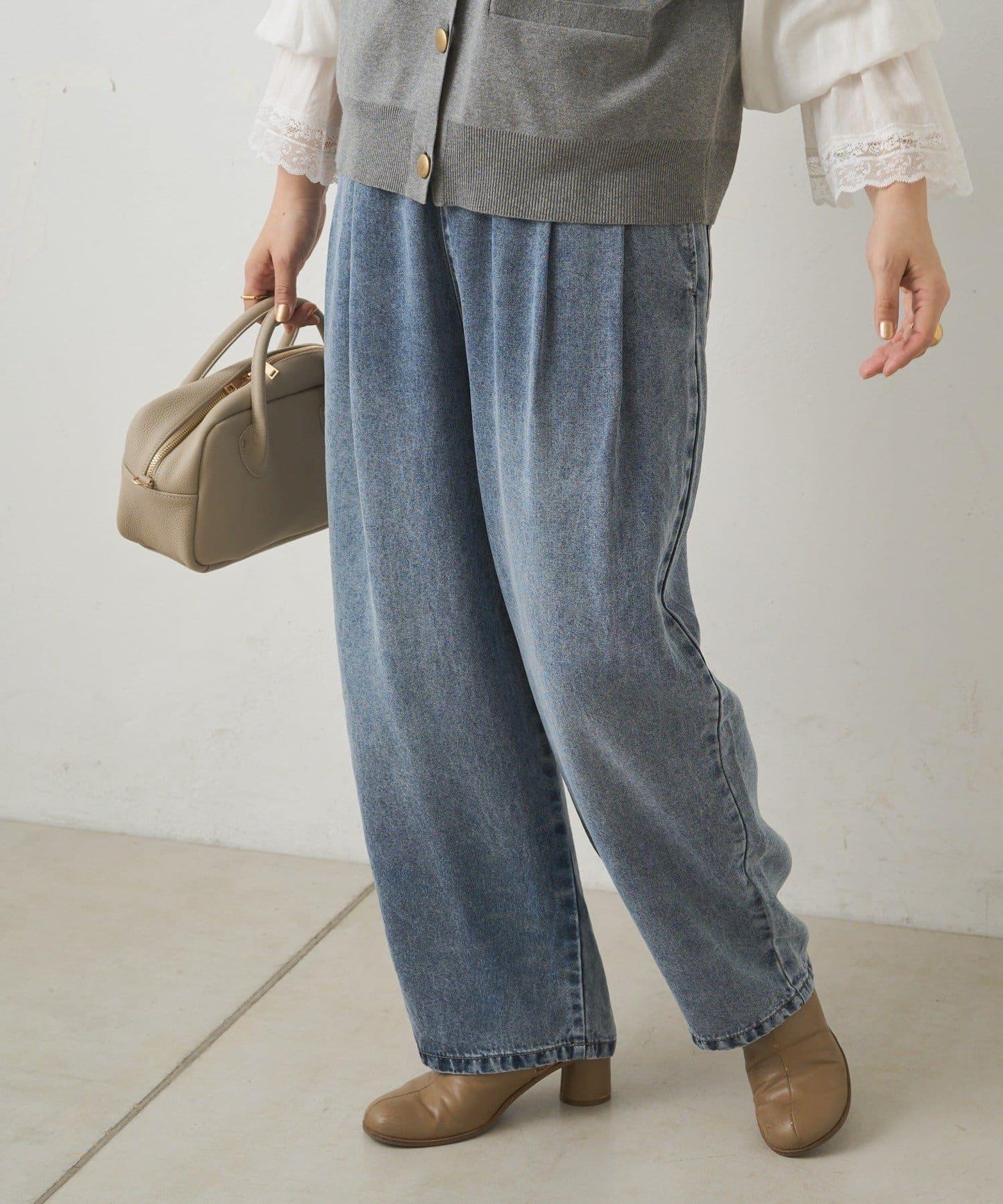 天絲混紡牛仔雙褶休閒褲