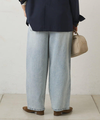 天絲混紡牛仔雙褶休閒褲