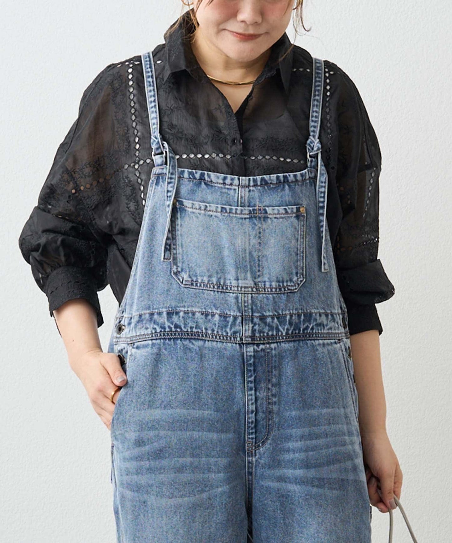 天絲混紡牛仔揹帶褲