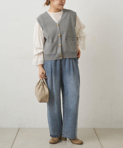 天絲混紡牛仔雙褶休閒褲