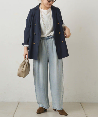 天絲混紡牛仔雙褶休閒褲