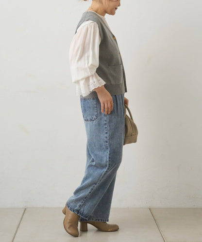 天絲混紡牛仔雙褶休閒褲