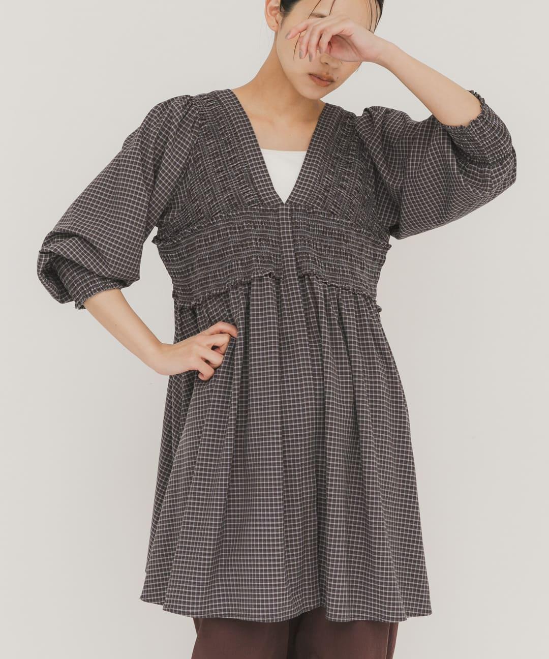 2WAY抽褶格紋迷你連衣裙