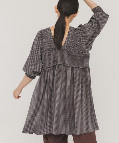 2WAY抽褶格紋迷你連衣裙
