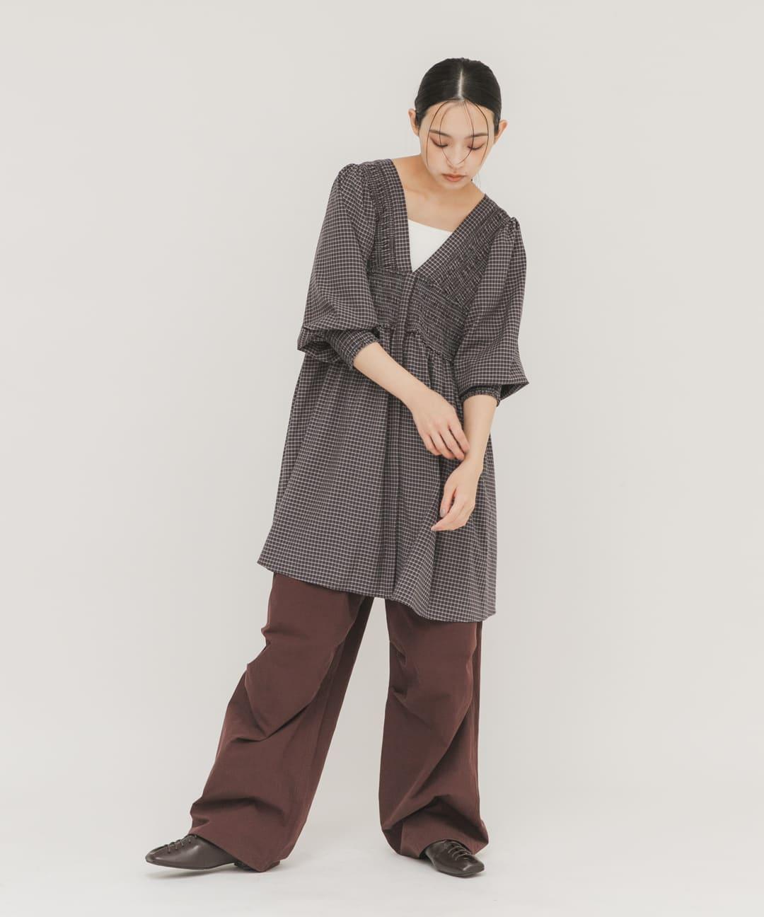 2WAY抽褶格紋迷你連衣裙