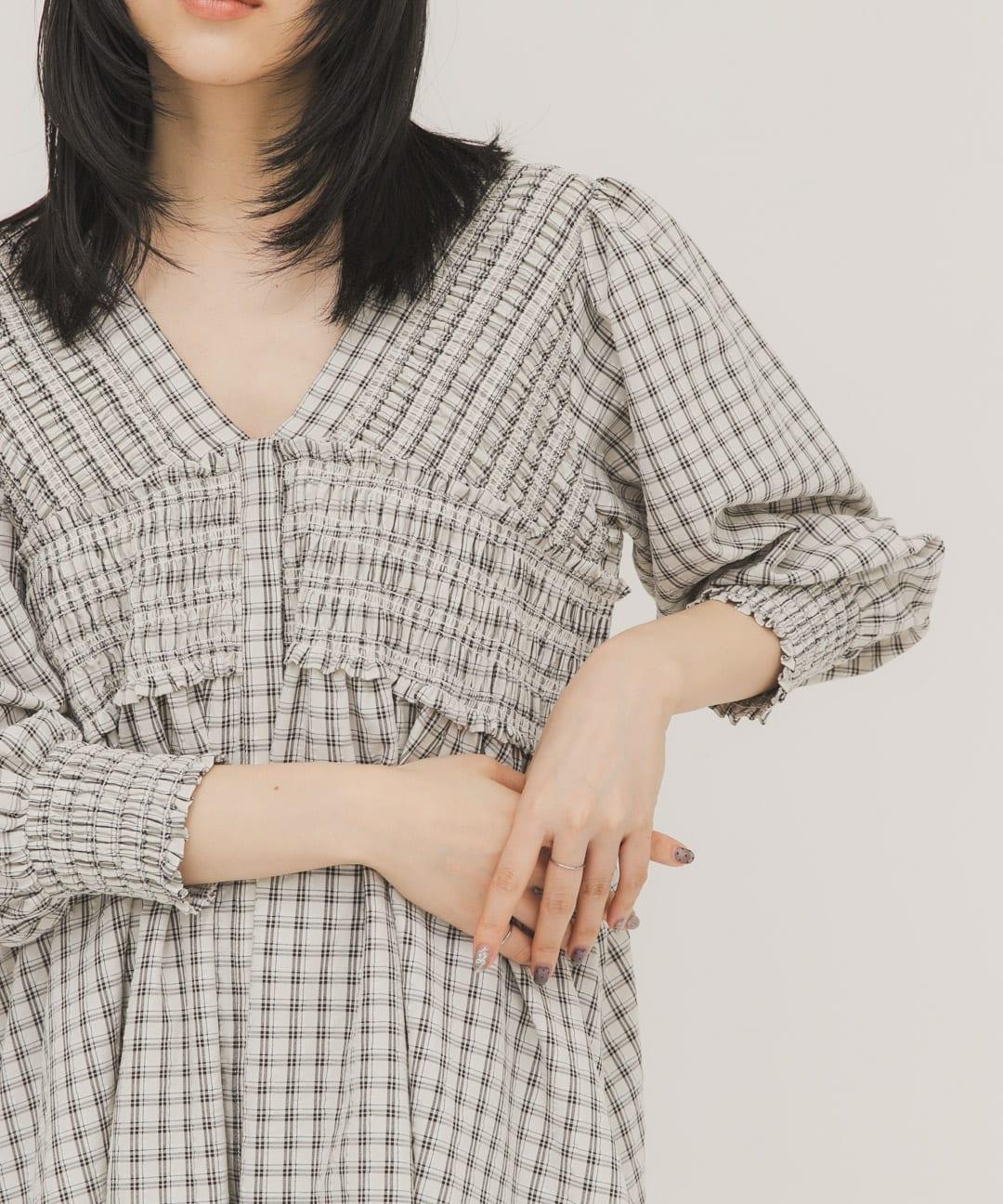 2WAY抽褶格紋迷你連衣裙