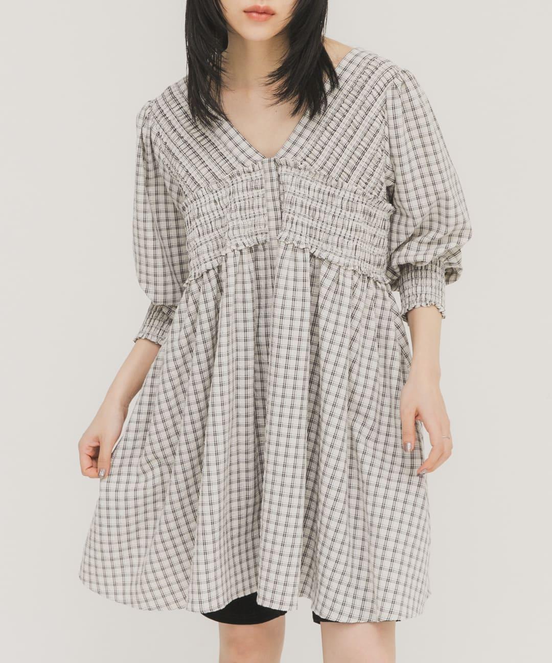 2WAY抽褶格紋迷你連衣裙
