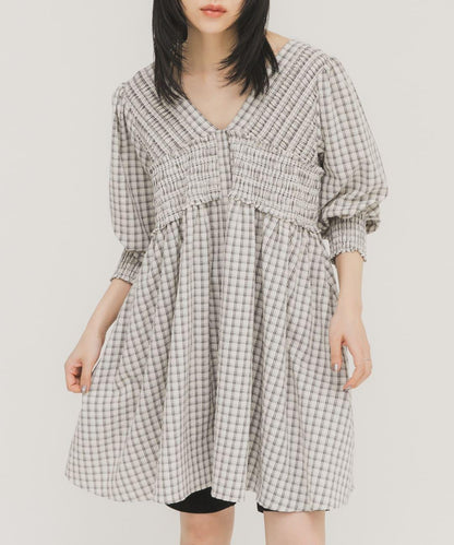 2WAY抽褶格紋迷你連衣裙