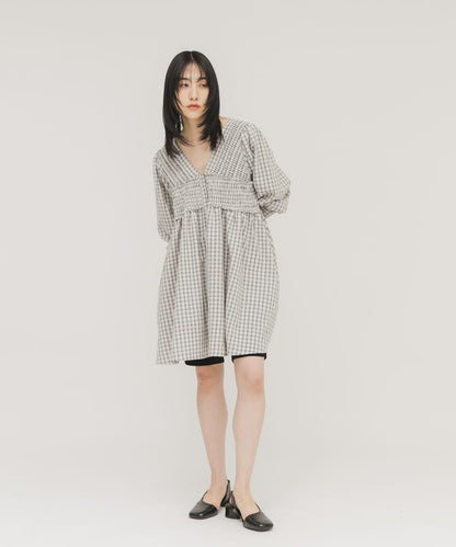 2WAY抽褶格紋迷你連衣裙