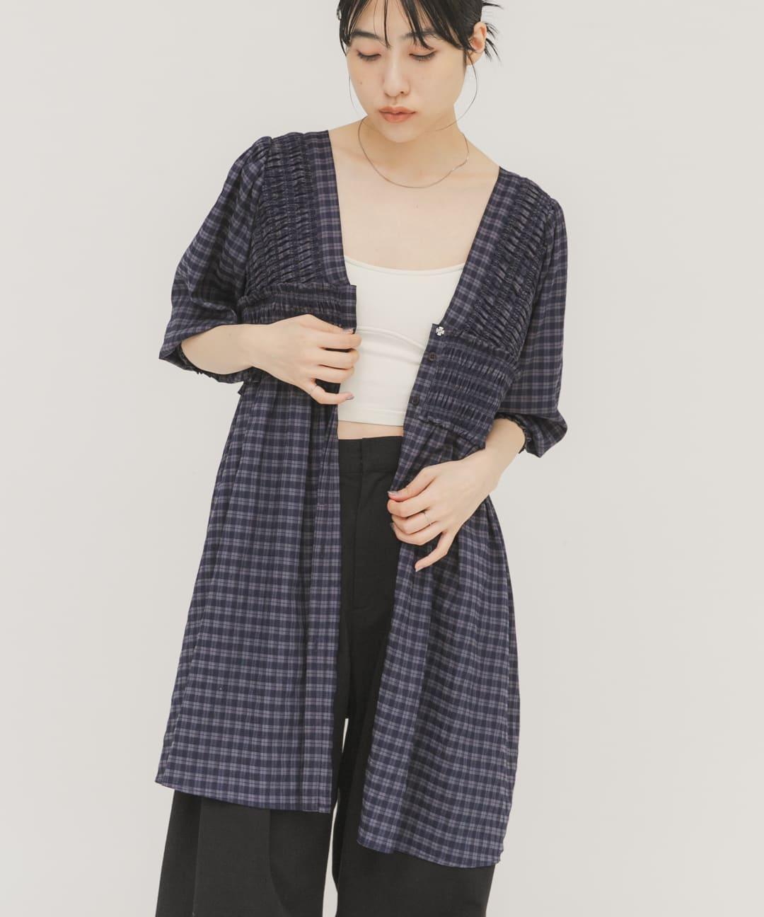 2WAY抽褶格紋迷你連衣裙