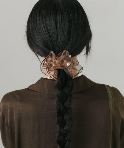 透紗荷葉邊珍珠髮飾扣