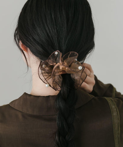 透紗荷葉邊珍珠髮飾扣