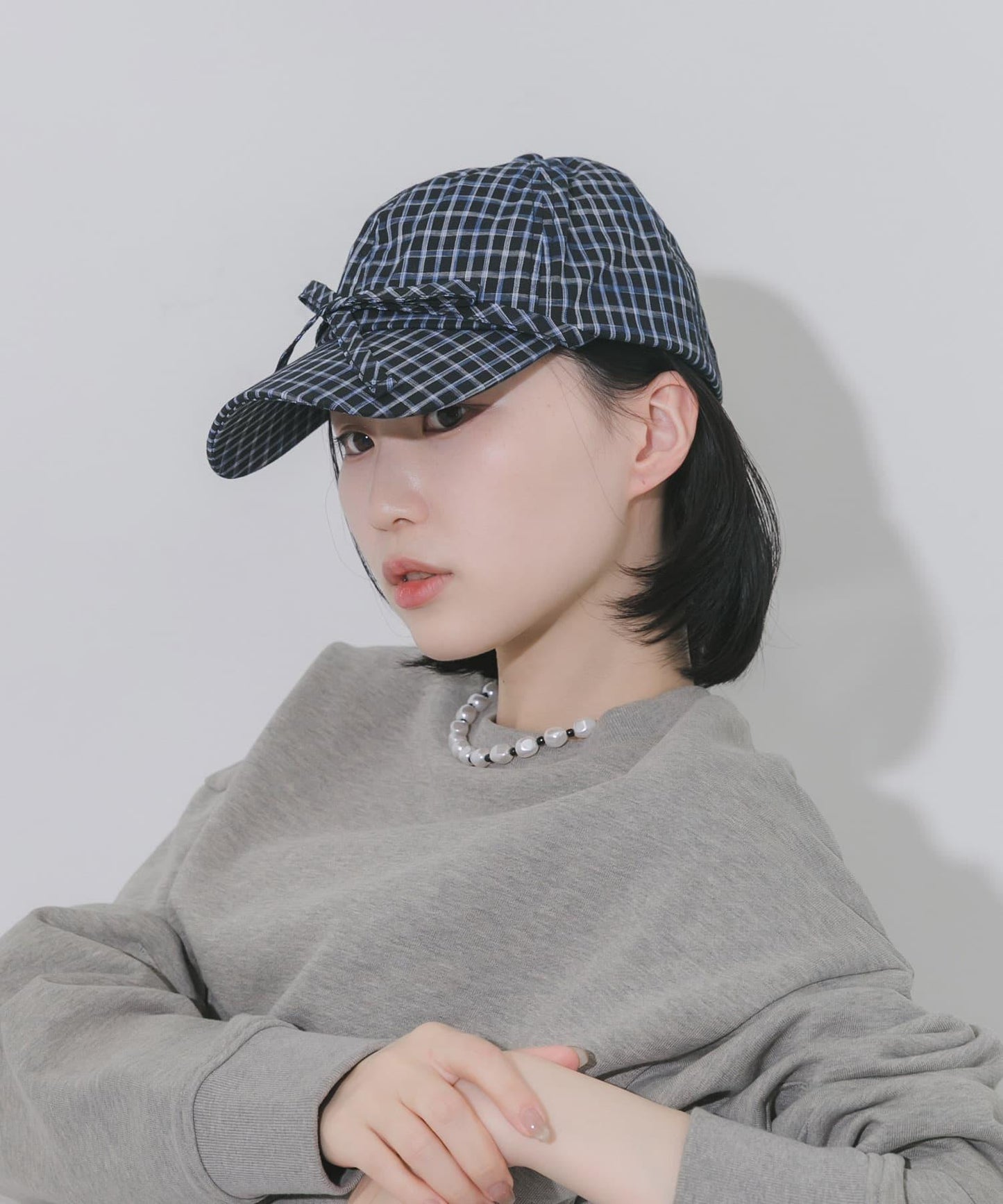 前蝴蝶結格紋棒球帽