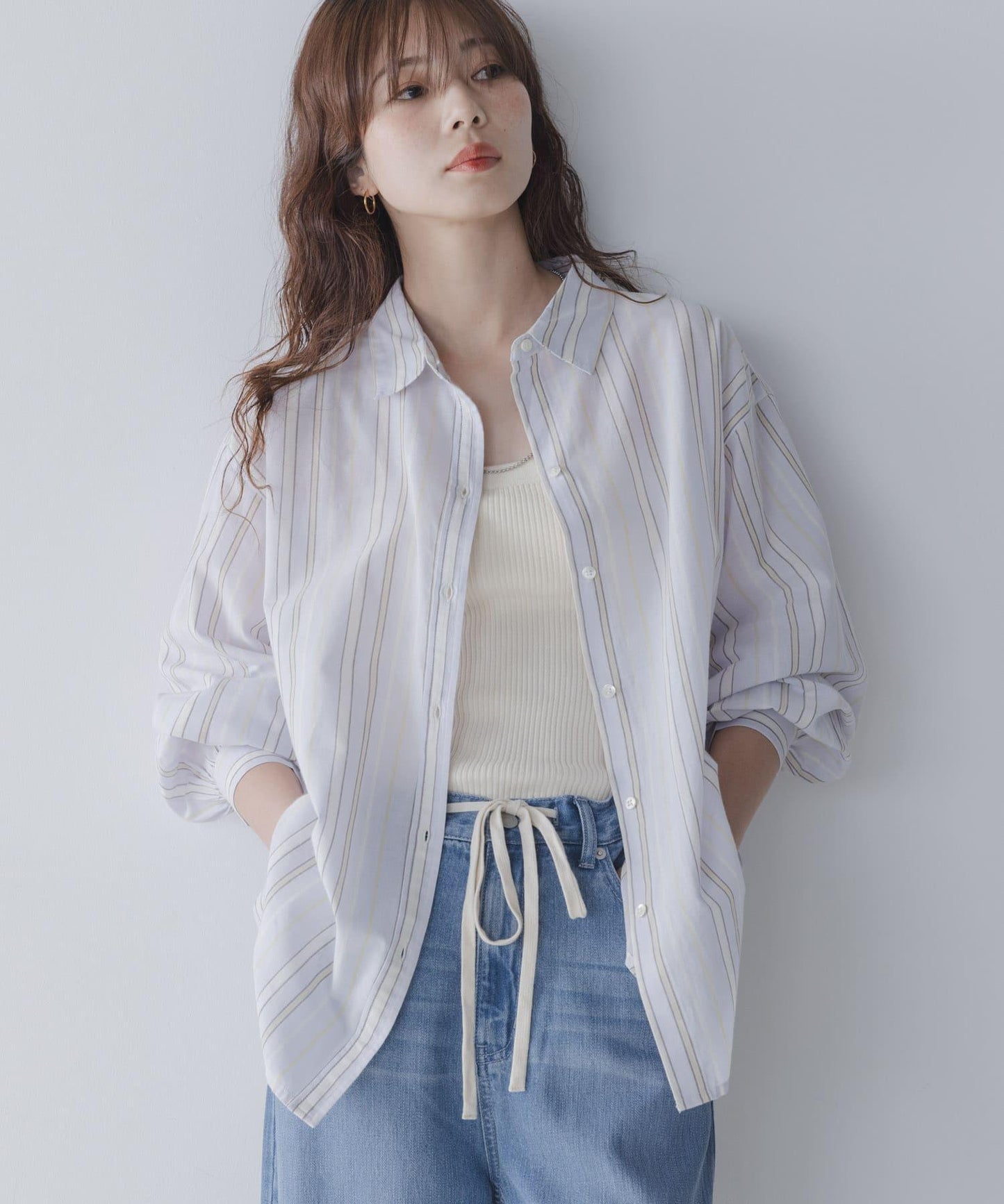 輕盈棉質條紋拼色襯衫