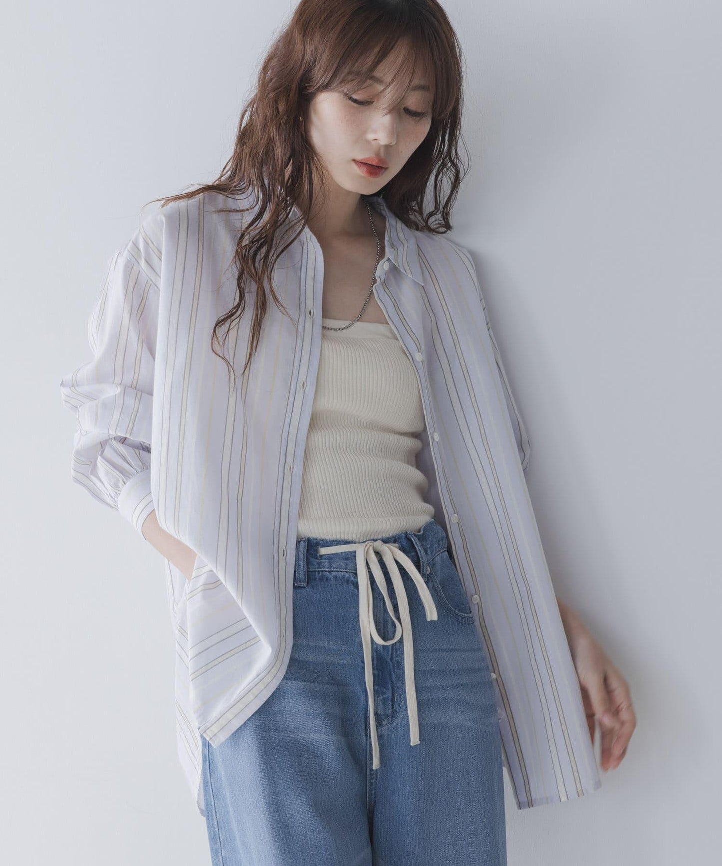 輕盈棉質條紋拼色襯衫