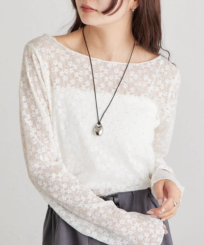 亮面蕾絲設計 長袖T恤