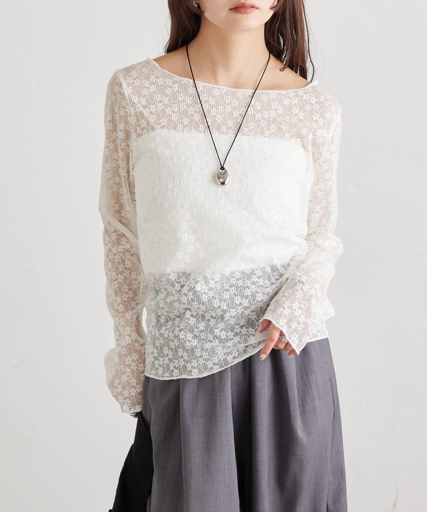 亮面蕾絲設計 長袖T恤