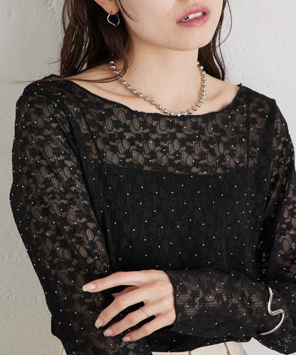 亮面蕾絲設計 長袖T恤