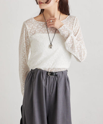 亮面蕾絲設計 長袖T恤