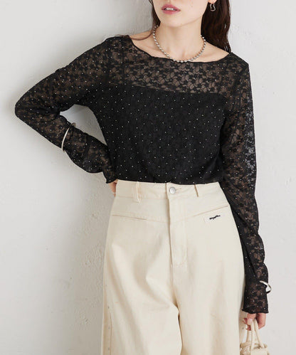 亮面蕾絲設計 長袖T恤