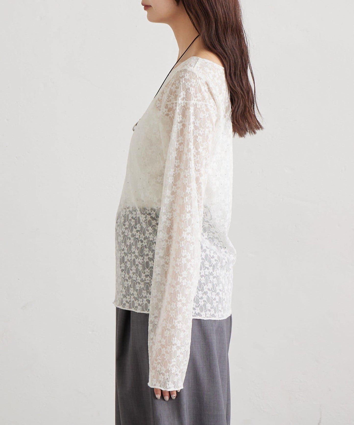 亮面蕾絲設計 長袖T恤