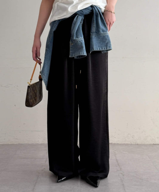 闊腿 鬆緊腰 緞面 休閒褲