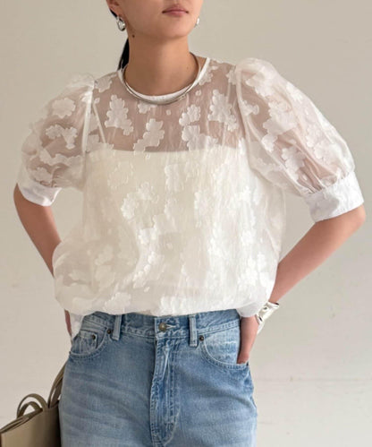 透紗提花泡泡袖襯衫