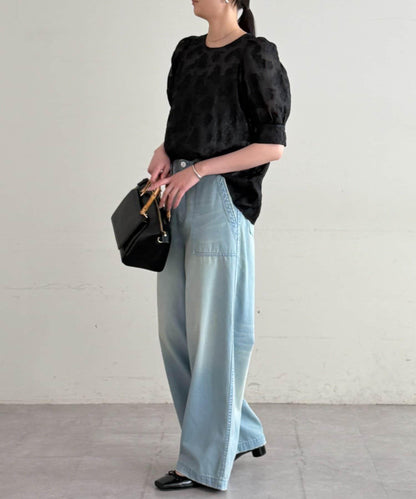 透紗提花泡泡袖襯衫