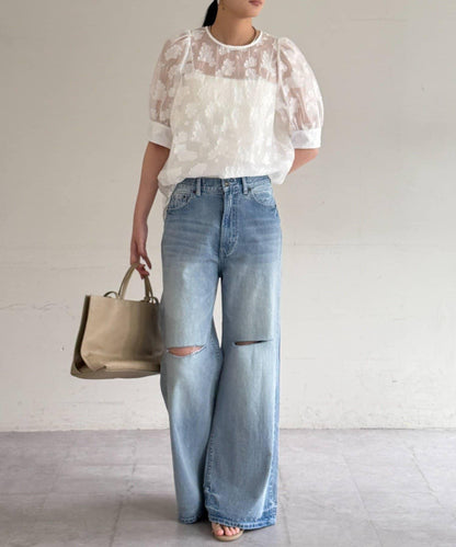 透紗提花泡泡袖襯衫