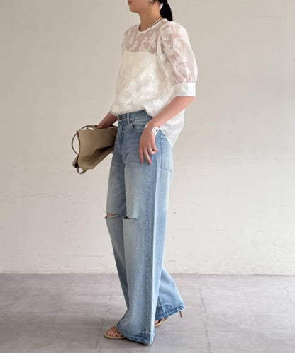 透紗提花泡泡袖襯衫