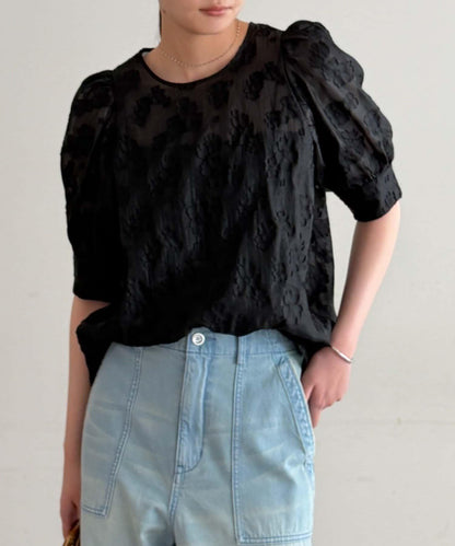 透紗提花泡泡袖襯衫