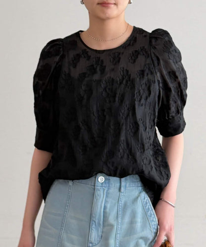 透紗提花泡泡袖襯衫