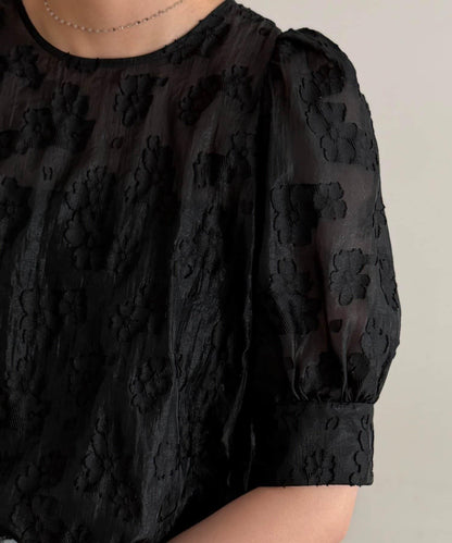 透紗提花泡泡袖襯衫