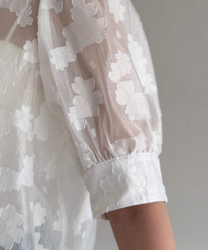 透紗提花泡泡袖襯衫