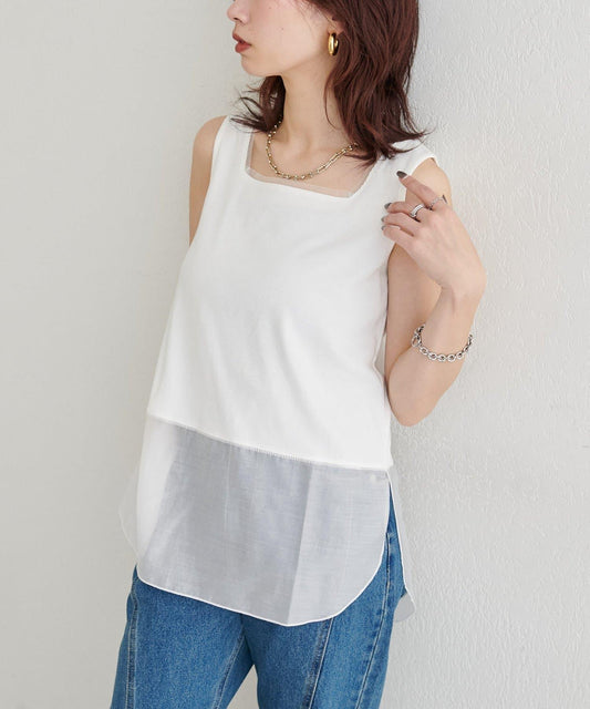 薄紗拼接方領無袖上衣