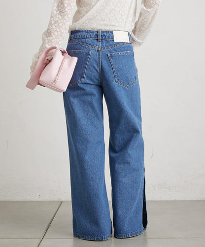 按鈕開叉喇叭牛仔褲