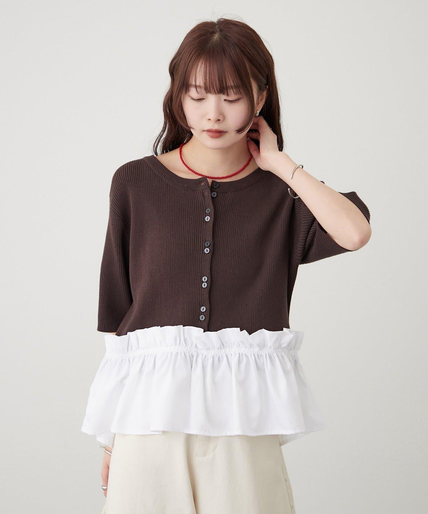 荷葉擺短袖針織上衣