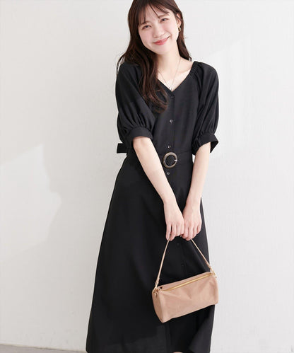 前排扣腰帶設計連衣裙