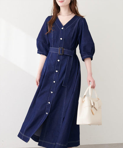 彈力牛仔腰帶設計連衣裙