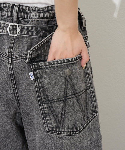 ANTI WARP 拼接弧形闊腿牛仔褲