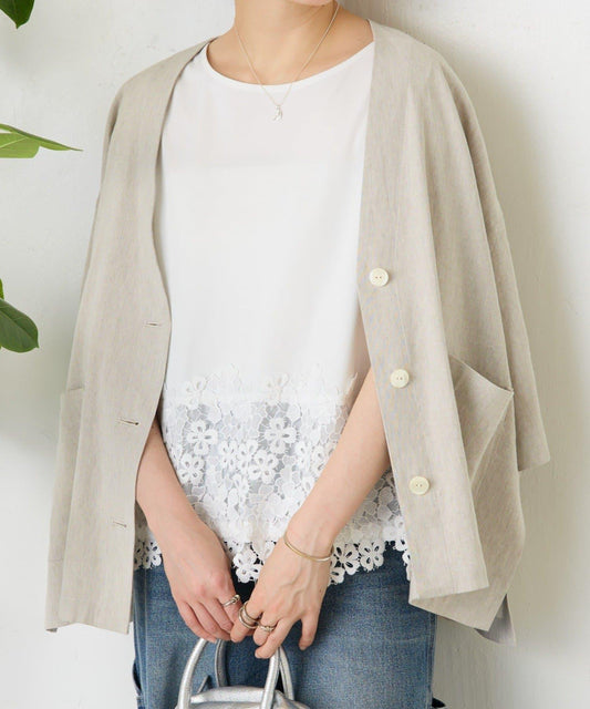 下襬蕾絲 法式袖 休閒上衣