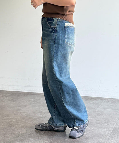 蕾絲拼接 彎刀 丹寧 牛仔褲