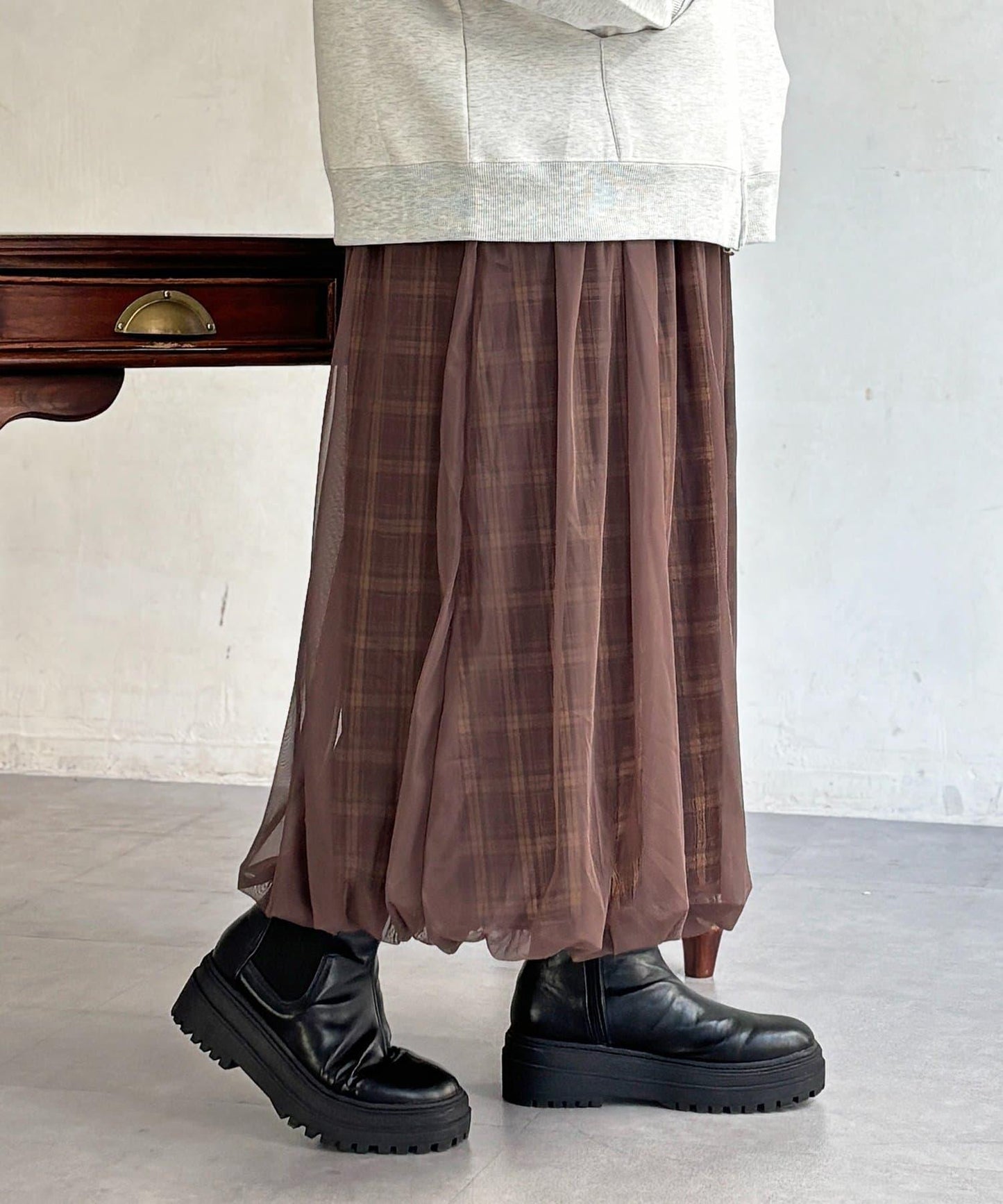 網紗格紋氣球半身裙