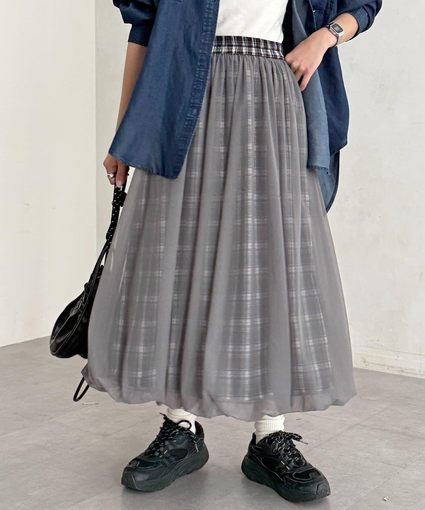 網紗格紋氣球半身裙