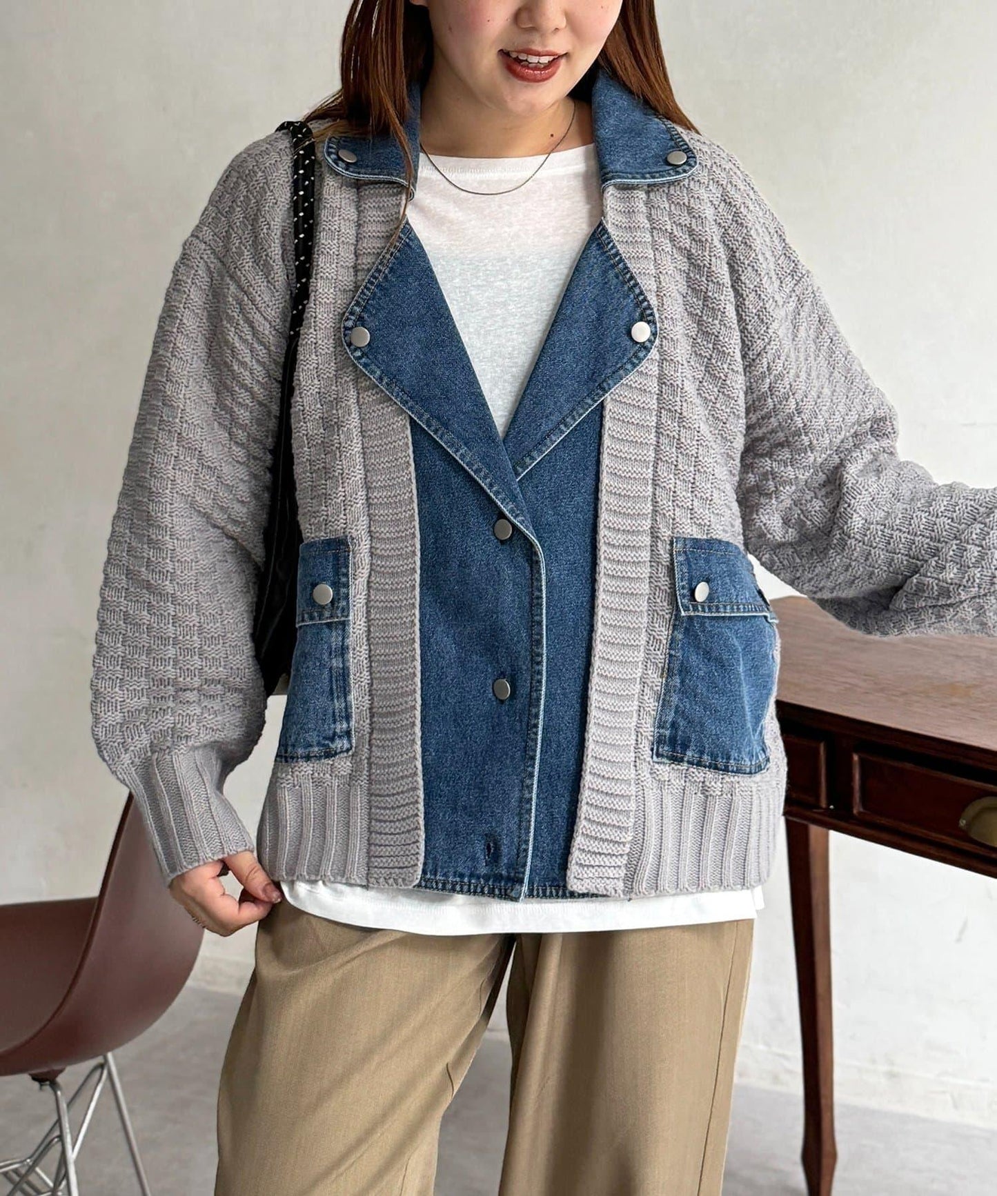 牛仔拼接針織機車夾克