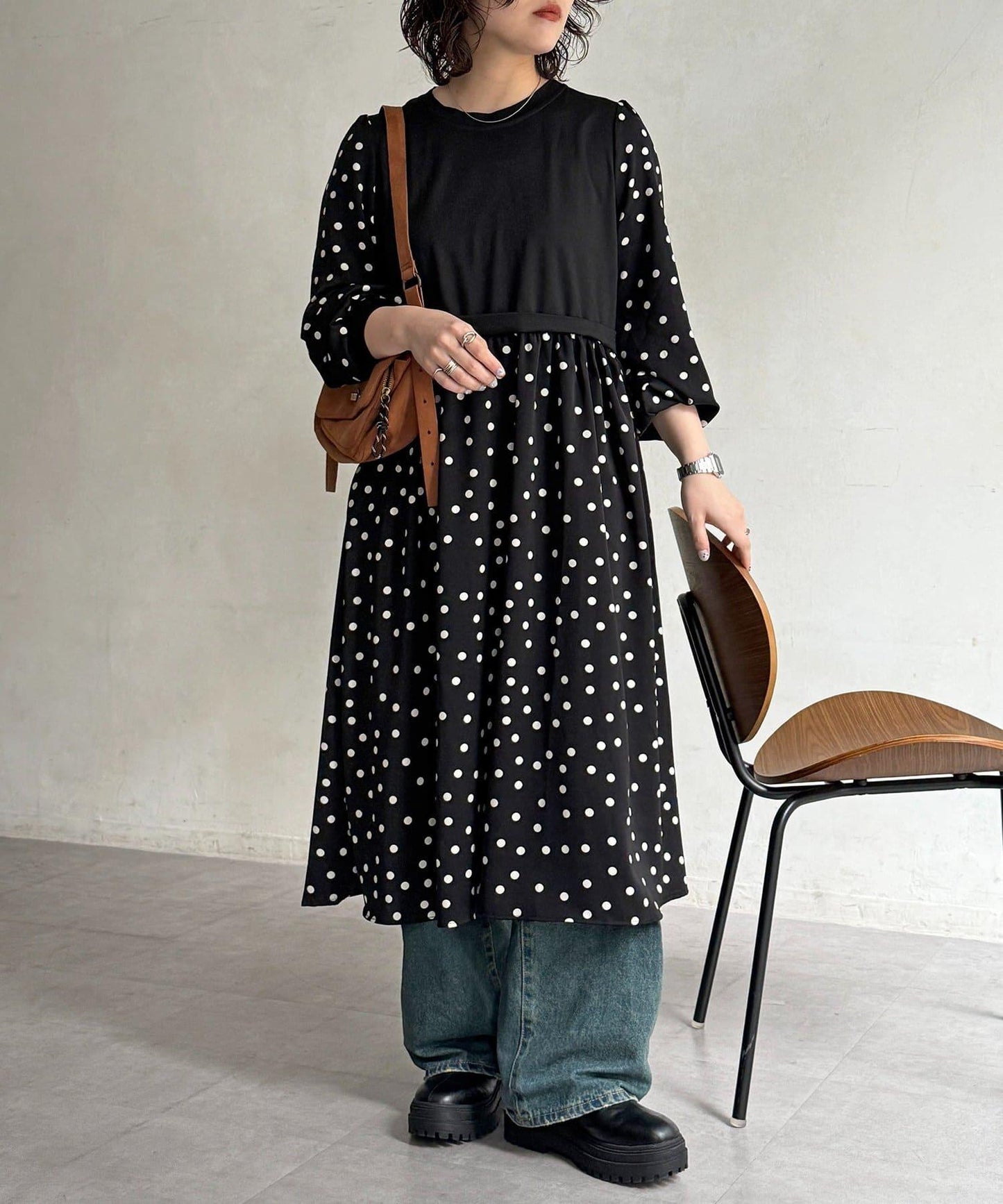 馬甲拼接波點連衣裙