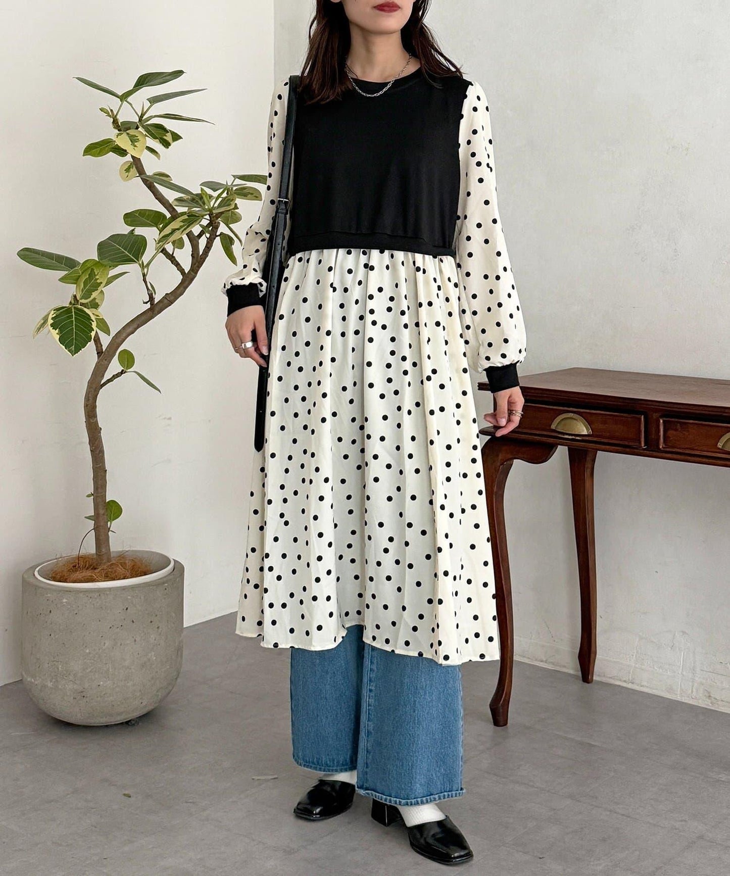 馬甲拼接波點連衣裙